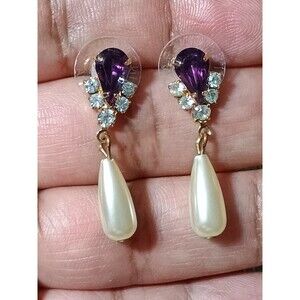 Cinerama Purple Clear Rhinestone Faux Pearl Vintage Dangle Gold Tone Earrings